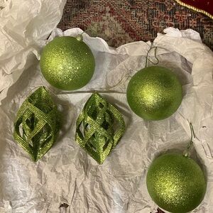 5 Green Glitter Holiday Ornaments